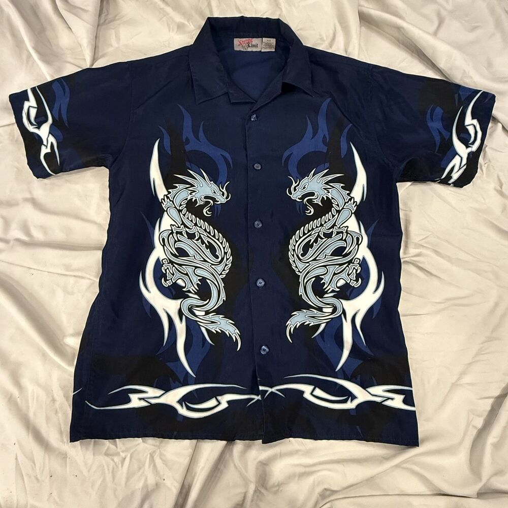 Vintage Y2K Xtreme‎ Limit Shirt Teens Large Blue Dragon Flame Button up Casual